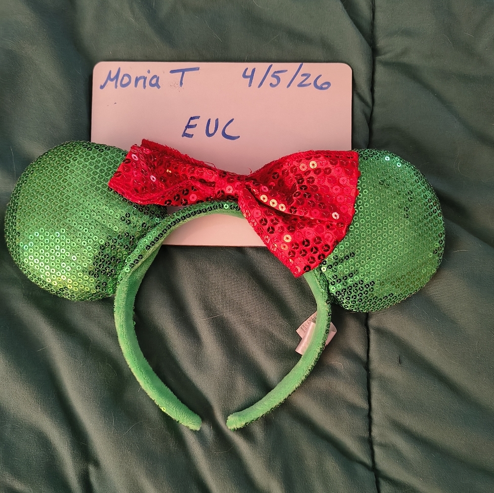 Disney Green Sequin Minnie ears with Red bow